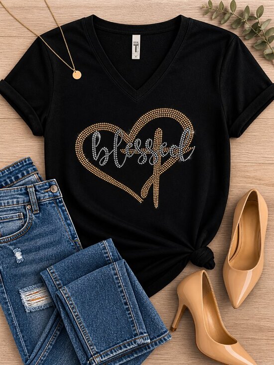Tops - ✨ Blessed Rhinestone Heart V-Neck Tee ✨